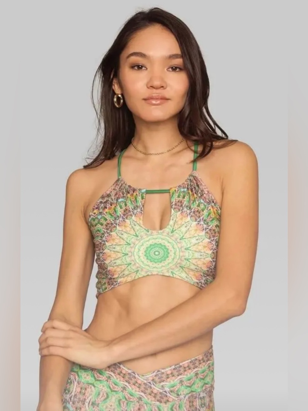 Wolven Fauna Green Mandala Matching Set Halter Keyhole Top & Flare Pants S NWOT - Picture 3 of 4